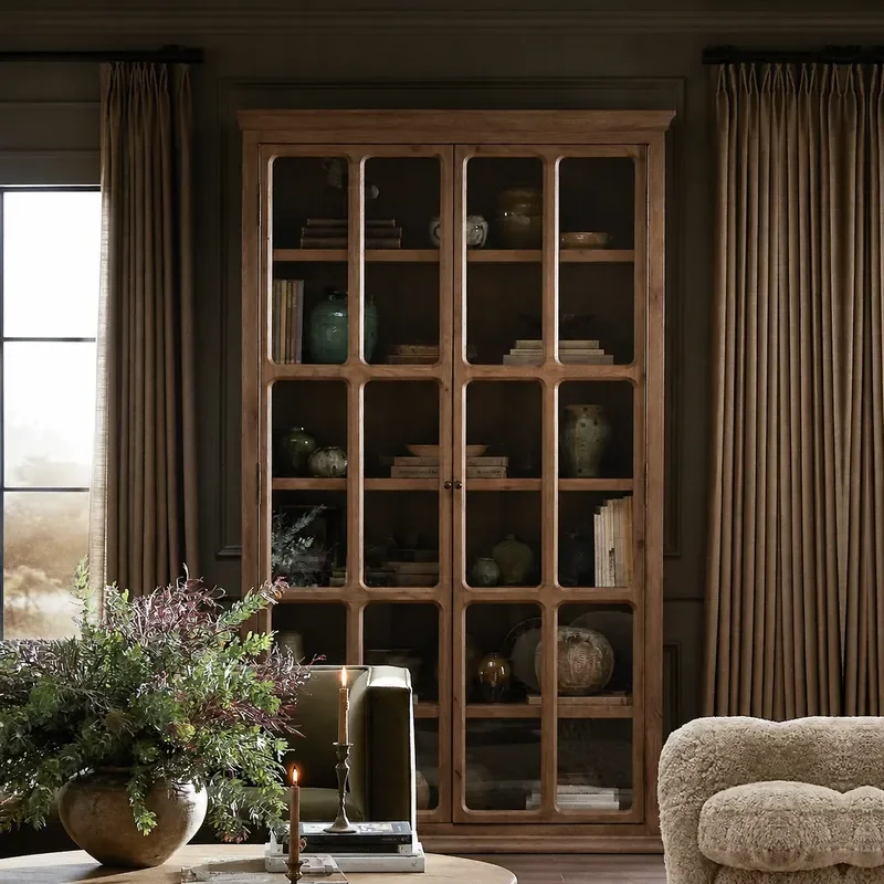 Solid Wood Bookcase Large Living Room Display Cabinet Retro Study Wall Shelf Glass Door Storage Unit for Home Office