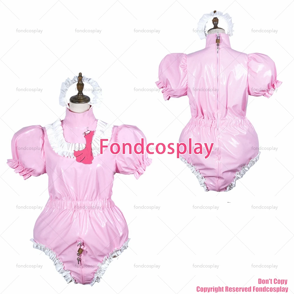 Sissy Maid Bodysuit Shiny PVC Lolita Puff Short Sleeve Cosplay Costume Vinyl Maid Dress Lockable Gothic Jumpsit Plus Size[G3779]