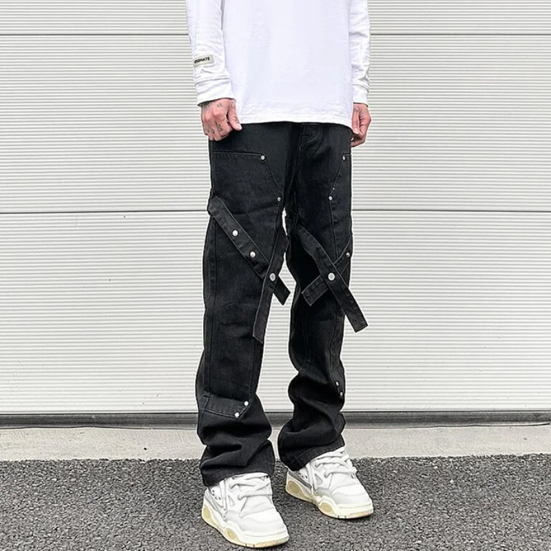 Fashion Knee Adjust Belt Decoration Denim Jeans Zipper Straight Jeans Hip Hop Streetwear Mens Casual Loose Joggers Jeans Pants