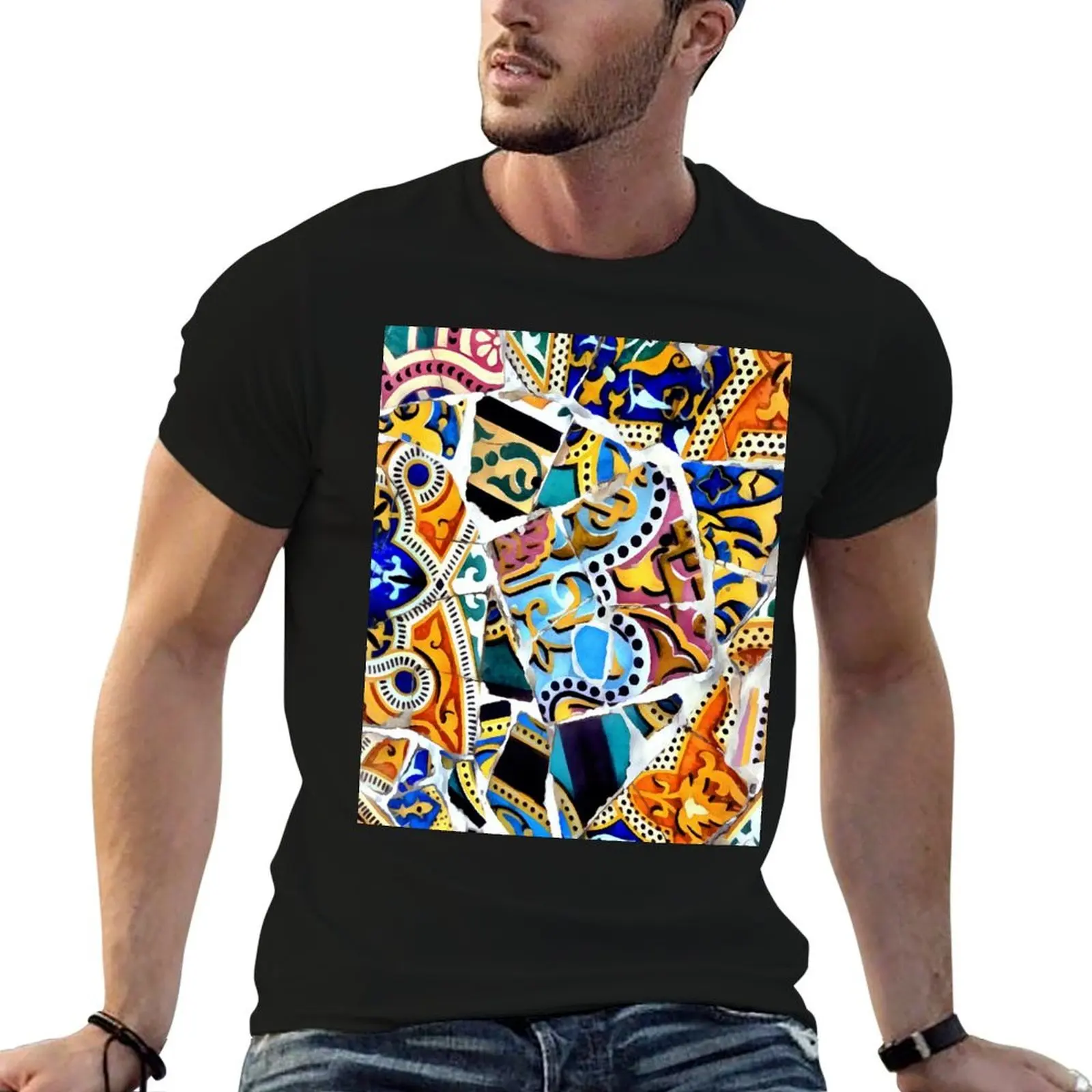 Camiseta con mosaico Gaudi Barselona, camiseta de talla grande de color liso