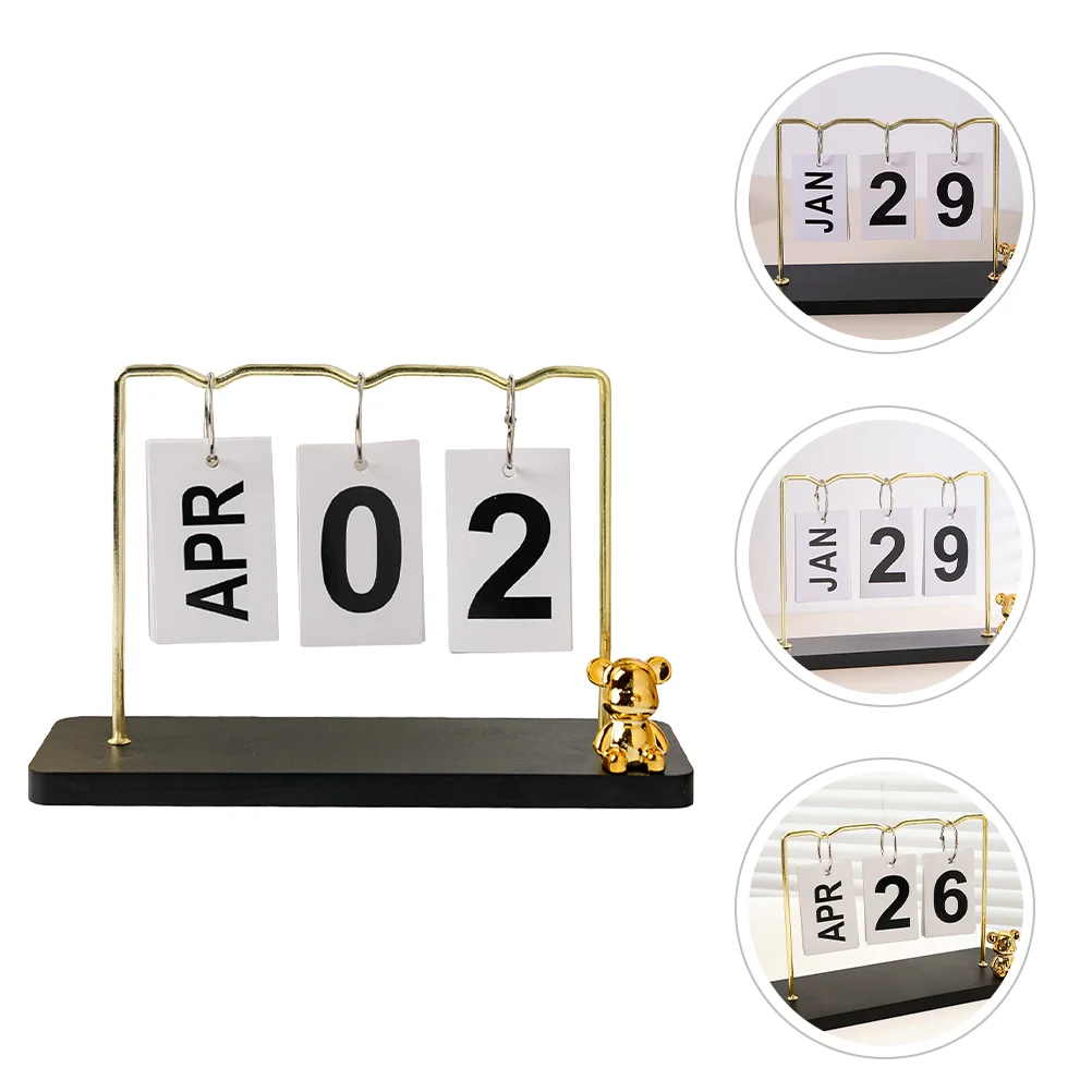 

Calendar Ornament Desk Decor Desktop Wooden Table Reusable Flip Iron Perpetual Office