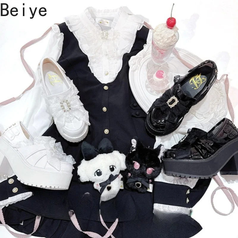 Sweet Lolita Platform Mary Jane Shoes Women Bow Rhinestone Buckle Chunky Shoes Female Block Heel Kawaii Cosplay Party Pumps