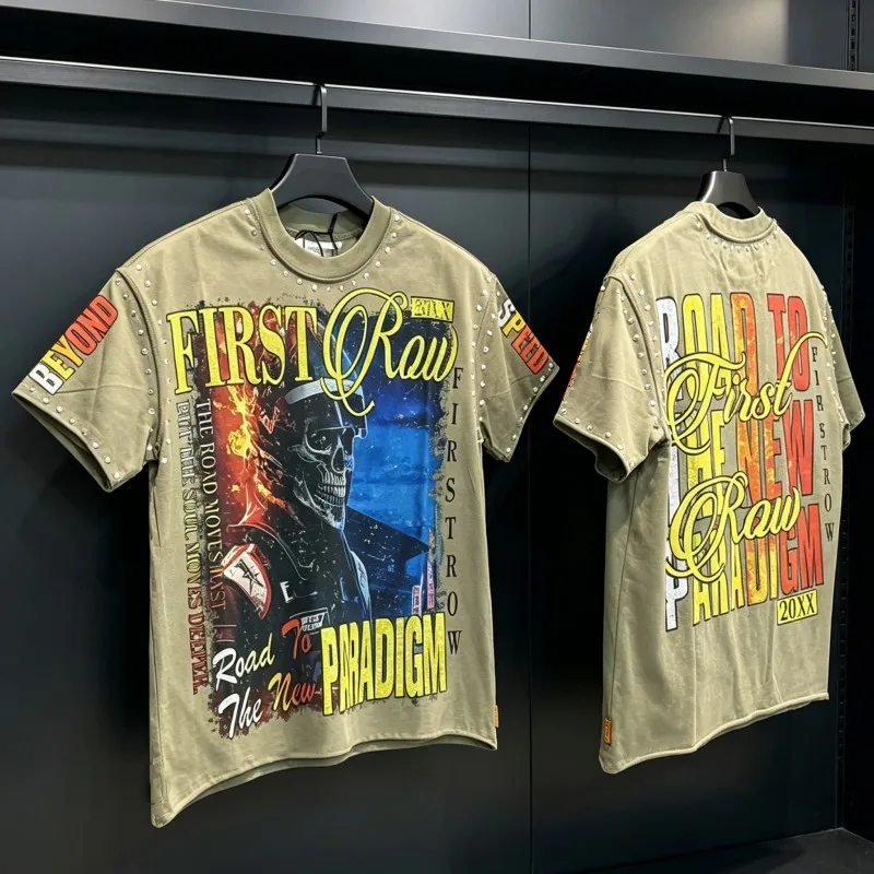 FIRST ROW Tshirt Hotfix Rhinestone Overlock Skeleton Soldier Fading Letters Trimming Fringed Retro Short Sleeves Men Women Tops