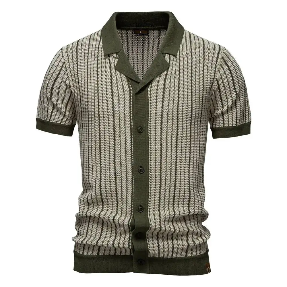 Fashion Office Business Polos For Men Contrast Striped Short Sleeve Button Polo Breathable Knitted