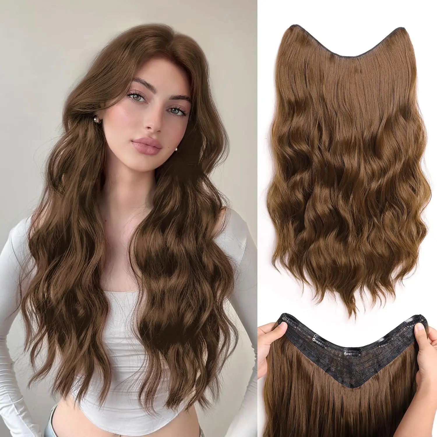 ボディウェーブ-ワンピース-クリップイン-ヘアエクステ-インド人毛-ミディアムブラウン-3-4-フルヘッド-5クリップ-イン-ヒューマンヘア-エクステンション-女性用