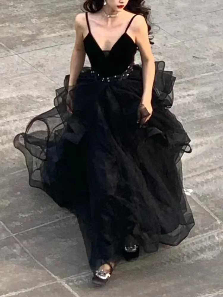 Customized French Elegant Black Evening Dress Ball Gown Slim Waist Fashion Vest Wedding Dresses 2024 Summer Temperament Suspende