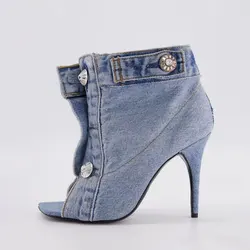 Summer European American Catwalk Thin Heel Super High Heel High Top Big Fishmouth Denim Buttons Slippers Square Toe Boots Women