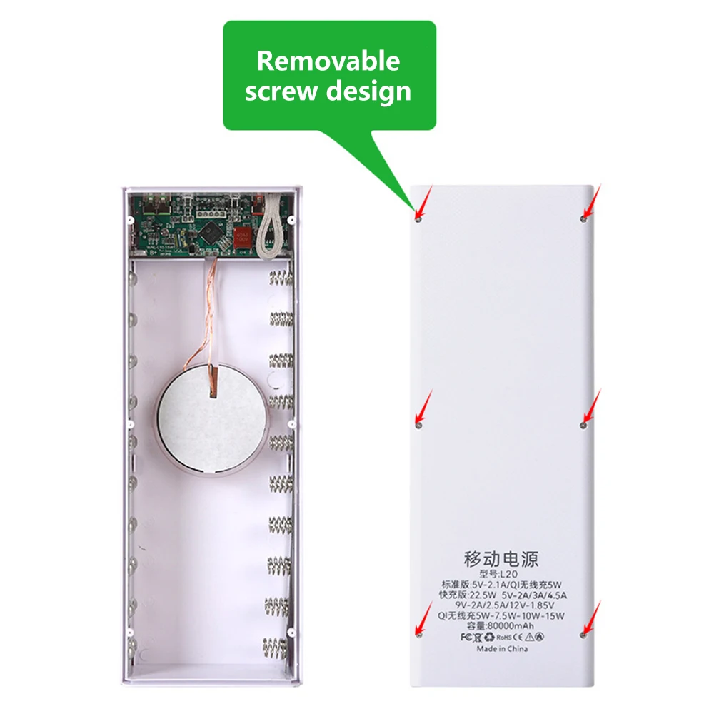 Imagem -06 - Destacável Power Bank Case 22.5w pd Qc3.0 Carregamento sem Fio Rápido Faça Você Mesmo Shell com Iluminação Led 18650 Caixa de Armazenamento de Bateria 20*18650
