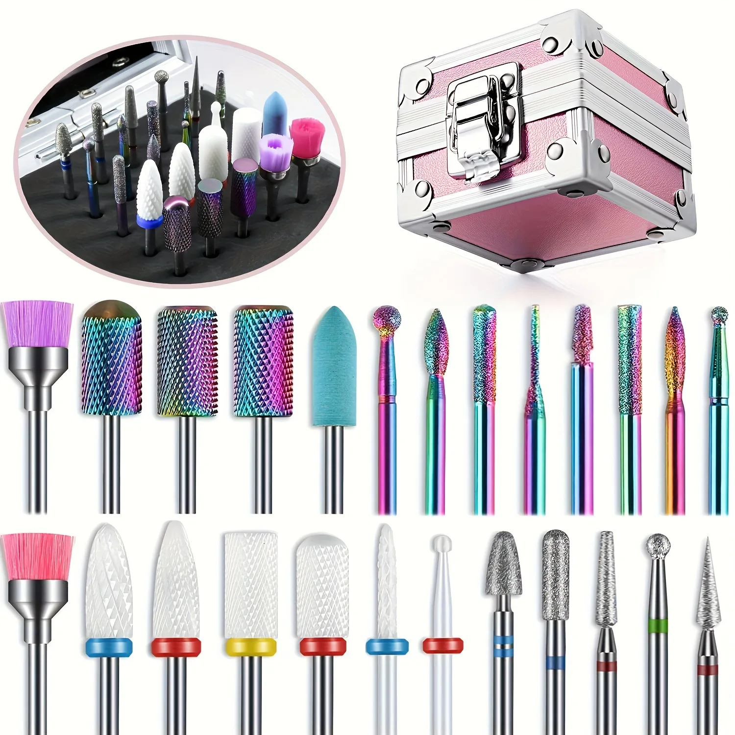 25Pcs Nail Drill Bits Set with 1 Box Sanding Bands Tungsten Carbide Ceramic Diamond 3/32 inch Nail Drill Bits with Storage Box