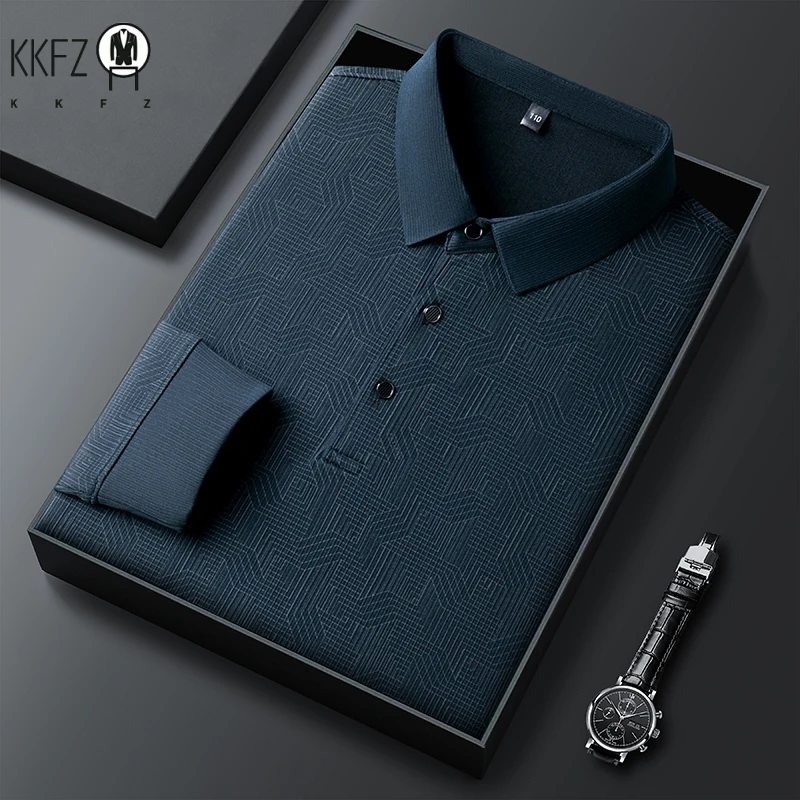 New Men\'s Business Casual Long Sleeved Shirt with Badge Solid Color Polo Shirt Fashionable Breathable Comfortable Versatile Top