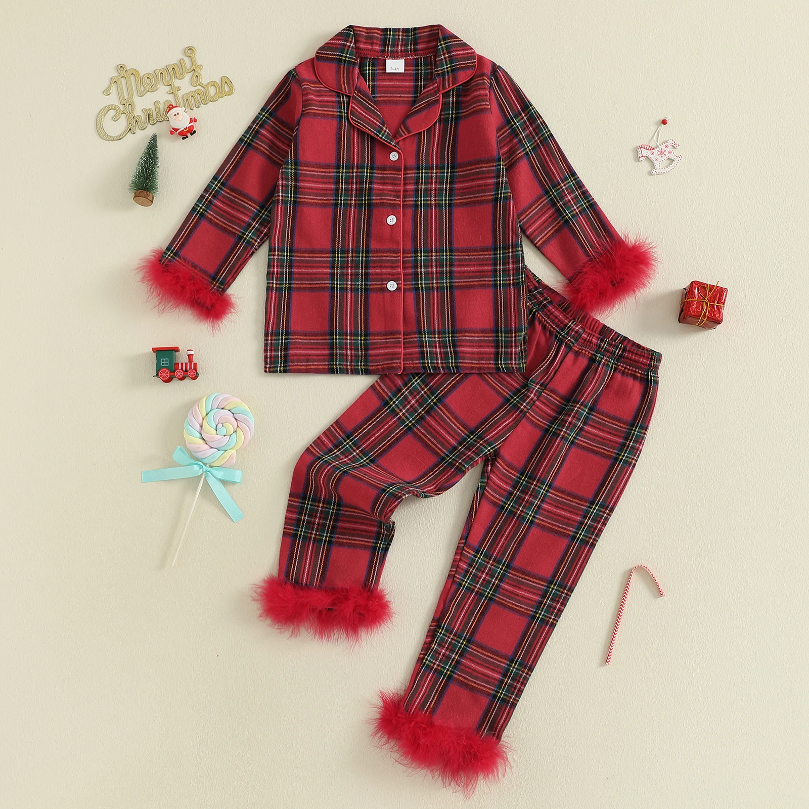 

Рождественский пижамный комплект в клетку для девочек, топы с длинными рукавами с нечеткой отделкой и штаны с эластичной резинкой на талии, комплект одежды для сна из двух предметов