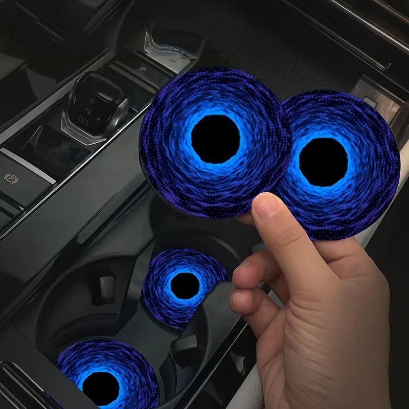 2/4pcs Sci-Fi Blue Spiral Black Hole Car Coasters, Gradient Visual Pattern Anti-Slip & Anti-Fouling Cup Holder Mats