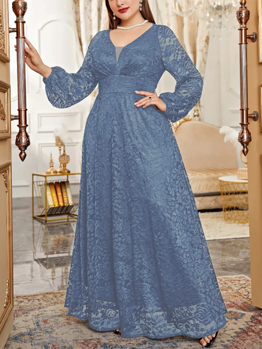 

Элегантное женское платье больших размеров с V-образным вырезом, длинными рукавами, кружевом, завышенной талией, А-силуэта, для весны и лета, вечернее, стрейч, для вечеринок