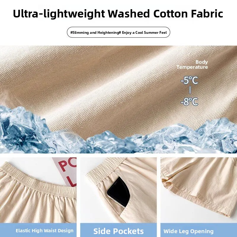 High Waist Cotton Linen Shorts Women Summer New Style Casual Wide Leg Three-quarter Length Workwear Sports Pants