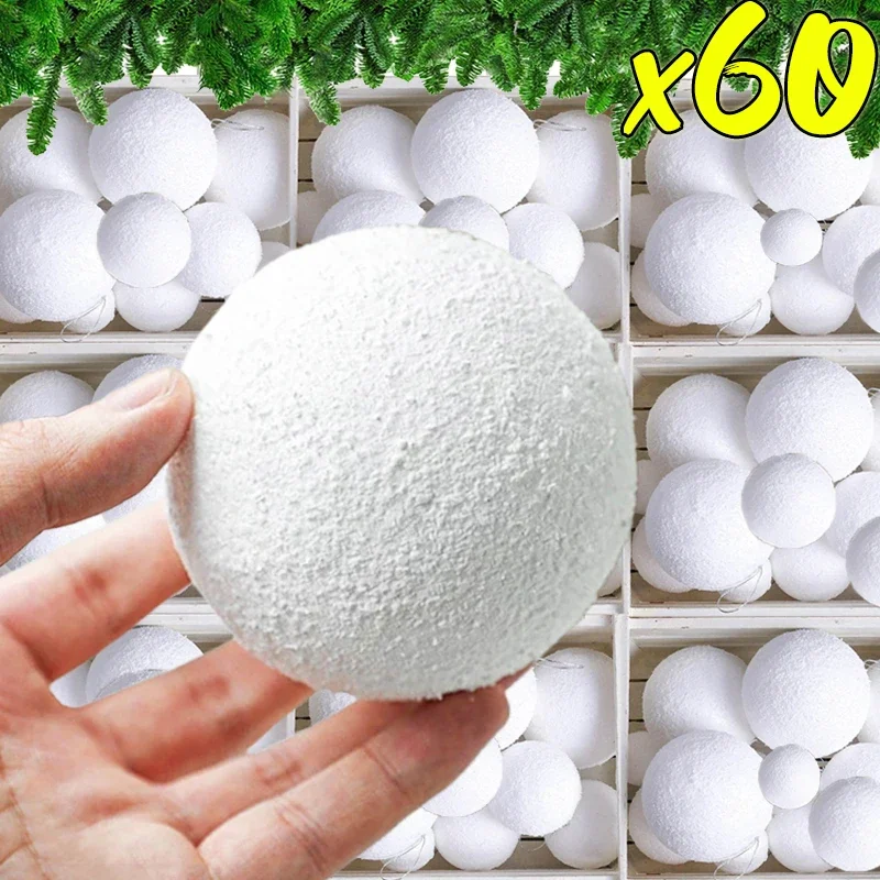 6/60PCS White Foam Snowballs Xmas Tree Hanging Pendant Artificial Fake Snow Ball Ornaments Home New Year Party Decoration Supply