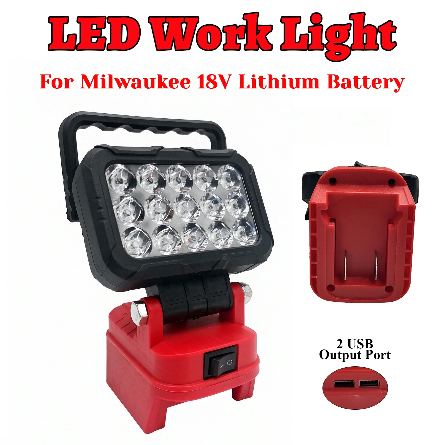 40W 6000LM LED Work Light for For Milwaukee 18V Battery, Portable Cordless Flood Light with Dual USB Ports 145° Adjustable