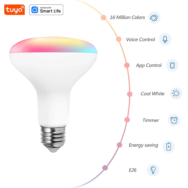 Imagem -03 - Lâmpada Inteligente Tuya Wifi Lâmpada E26 Br30 Cor Rgb Mutável Luz Regulável 10w 110v 220v Controle App para Alexa Google Home Decor