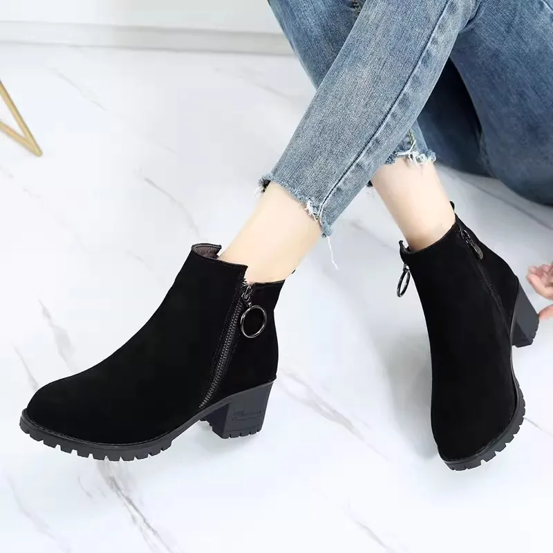 GKTINOO Stivaletti con plateau da donna Punta tonda Scarpe invernali in pelle scamosciata di mucca Stivali da donna in vera pelle Stivali autunnali