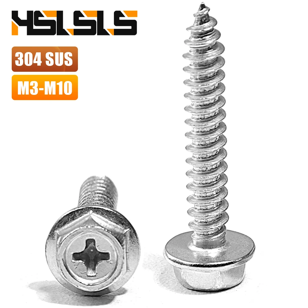Phillips Drive Hex Flange Washer Head Self Tapping Screws 304 Stainless Steel M3 M4 M5 M6 M8 M10 Cross Recess Hexagon Head Screw