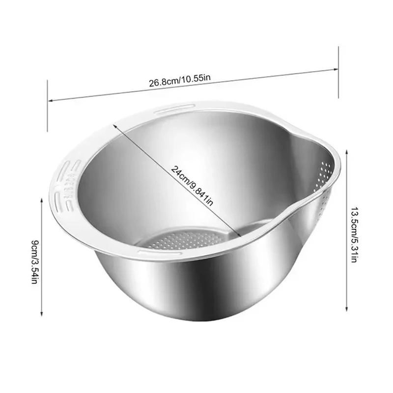 304 Stainless Steel Rice Washing Basin Inclined Bottom Bowl Rice Sieve Colander Fruit&Vegetable Strainer Kitchen Cleaning Tools