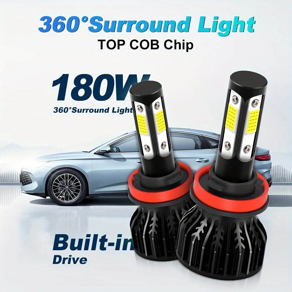 

12V LED 9012 9005 HB3 9006 HB4 H11 H7 180W High Power 9004 9007 H4 H13 Hi-Lo Beam 4-Side COB Chip Built-in Drive With Turbo Fan