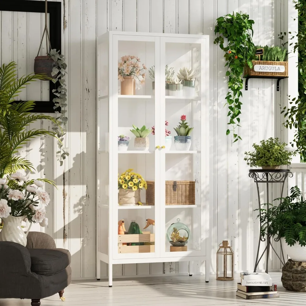 Display Cabinet with Glass Doors, Glass Display Cabinet 4-Tier, Metal Curio Display Cabinet with Tempered Glass Doors for Living