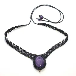Crystal Braided Stone Pendant Necklace For Women Natural Amethyst Rose Quartz Oval Handmade Rope Wrapped Macrame Chain Collay