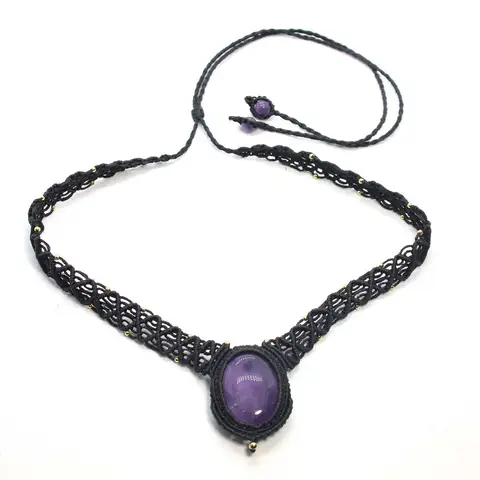 Crystal Braided Stone Pendant Necklace For Women Natural Amethyst Rose Quartz Oval Handmade Rope Wrapped Macrame Chain Collay