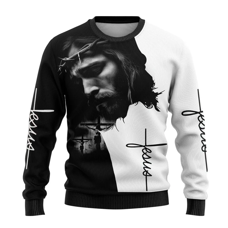 3D Printed God Jesus Christmas Sweatshirt For Men Christianity Cross Pattern Casual Loose Pullover Streetwear O-Neck Hoodies