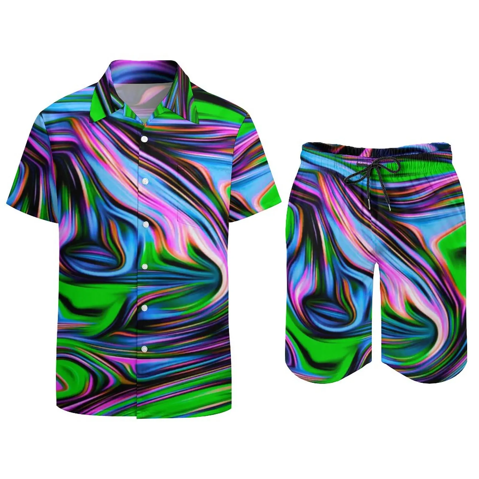 Neon Paint Swirl Men Sets Colorful Liquid Print Casual Shirt Set Cool Beachwear Shorts Summer Suit Two-piece Plus Size 2XL 3XL