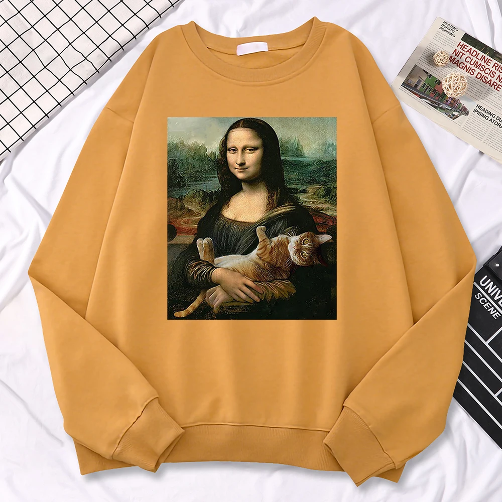 Trend Simple Woman Sweatshirt Famous Painting Mona Lisa Hold Cat Creativity Print Hoodies Fleece Soft Pullovers Loose Warm Tops