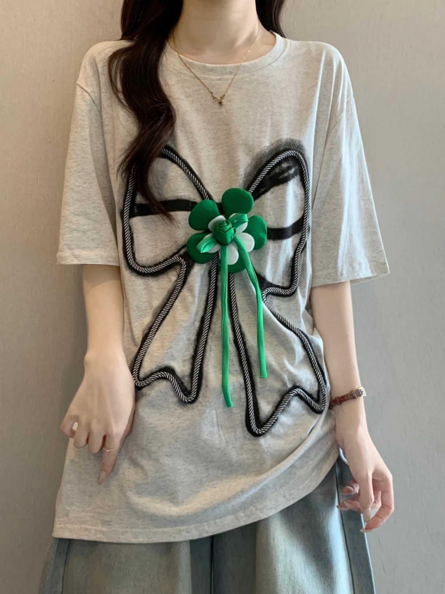 Women's Summer  Knot Short Sleeve T-Shirt Mid-Length Butt Covering Top Korean Style Loose Fit Creative Pattern