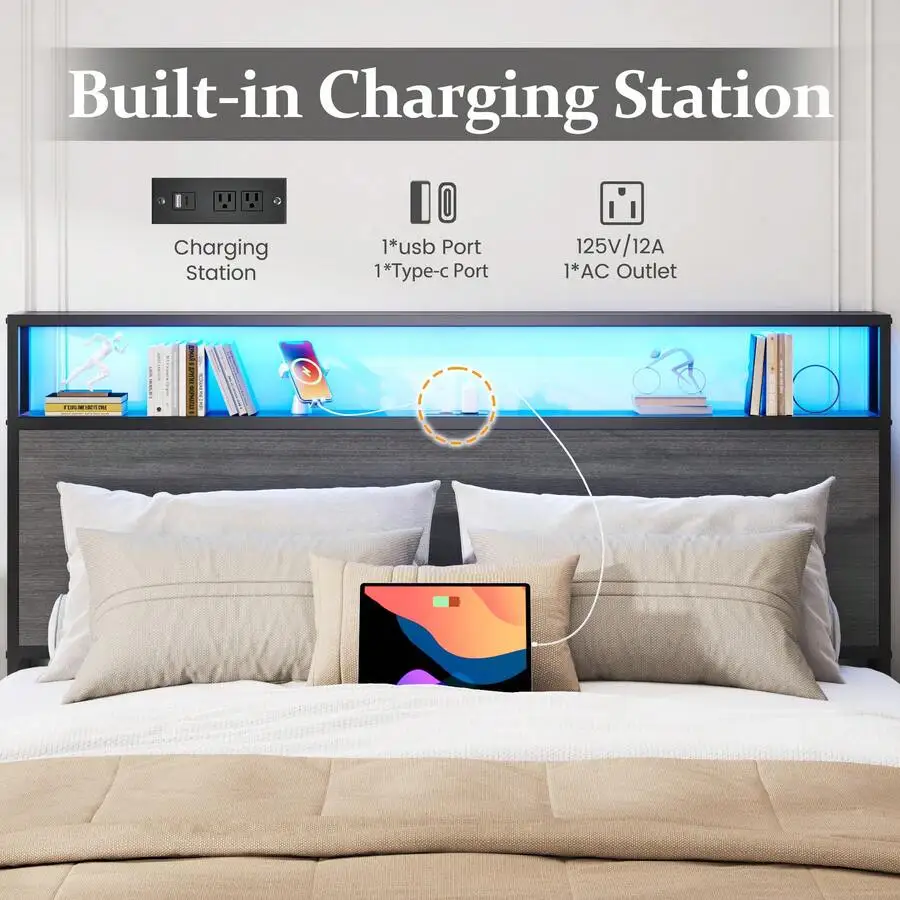 Queen & Full Bed Frame With Storage, 2-Tier Storage Headboard & Built-In Drawers, Metal Platform Bed With USB Charging Station & LED Lights, Noise Free, No Box Spring Needed, Easy Assembly,Rustic Grey - view 5