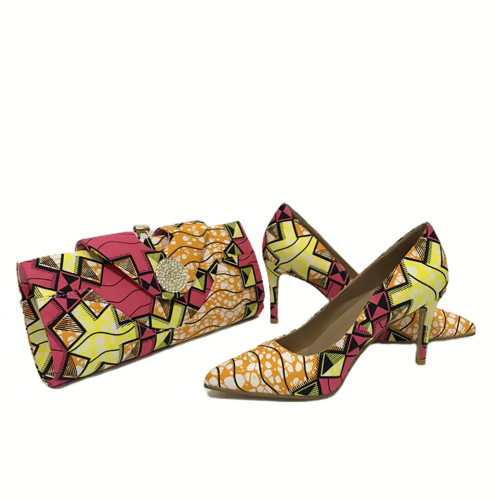 Tessuto in cera di cotone stile africano realizzato scarpe e borsa da donna Set Comfort classici tacchi alti Shose 9cm per abito da festa 409-2