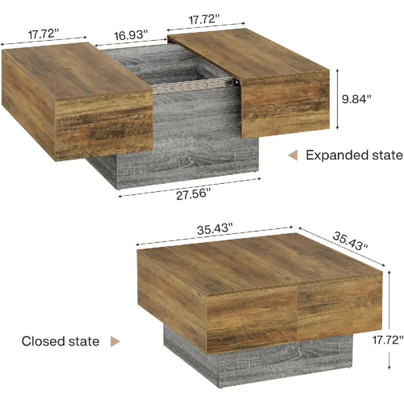 Extendable Farmhouse Coffee Table, Living Room Center Table with Storage, Expandable Wooden Coffee Table for Small Spaces,