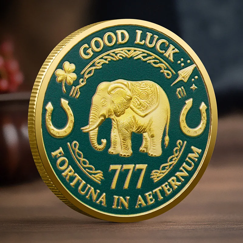 Four Leaf Clover Lucky Coin 777 Elephant Lucky Coin Three Dimensional Relief Paint Metal Crafts Collection Coin