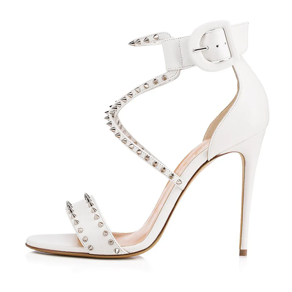 

Designer White Leather Studded Gladiator Sandals Women Strappy Heels Stiletto Summer Fish Toe High Heels Stripper Ladies Shoes