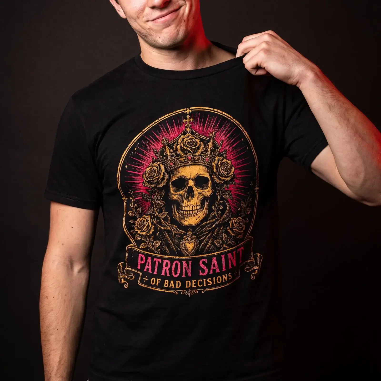 Patron Saint of Bad Decisions T Shirt Skull Crown  vintage Washed Breathable Unisex fashion homme Versatile Stylish Slightly