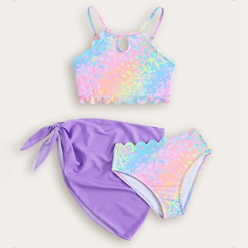 طقم بيكيني مكون من 3 قطع علوي وتنورة ملابس سباحة للفتيات ملابس سباحة للأطفال بدون أكمام مع بيكيني عالي الخصر ومجموعة غطاء