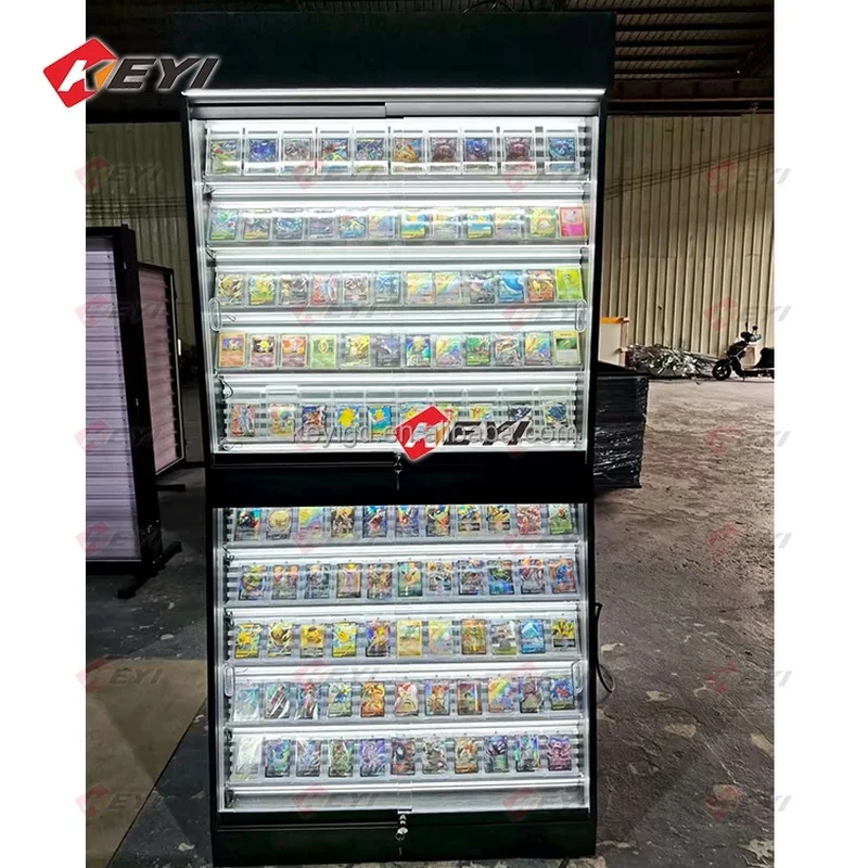 custom.Modern TCG Display Showcase Retail Store Floor Glass Wood Stand Trading Card Display Rack With Led Light