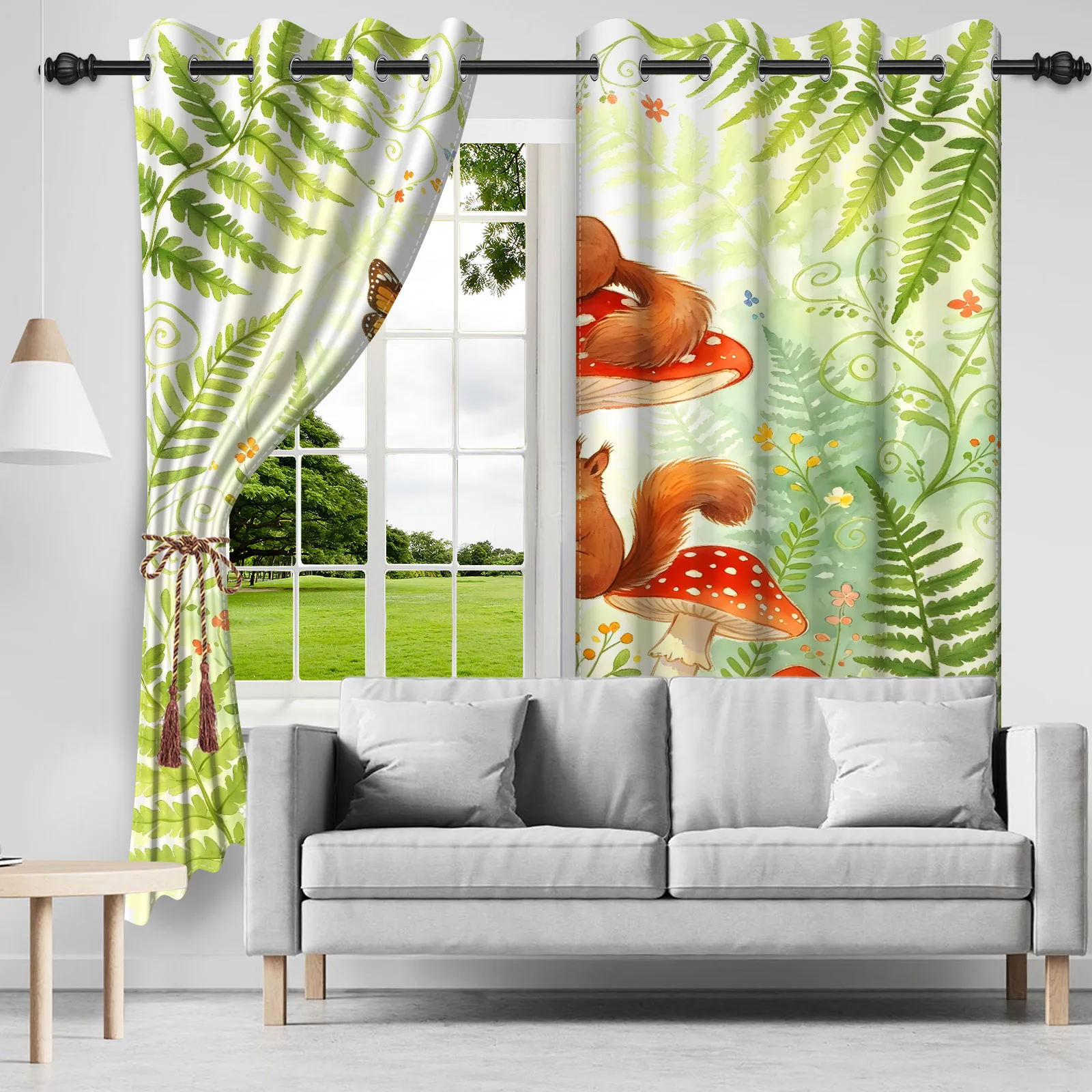 2pcs/set Dreamy Mushroom Squirrel Window Curtain Nordic Bedroom Living Room Dining Room Decor Blackout Polyester Fabric Curtains