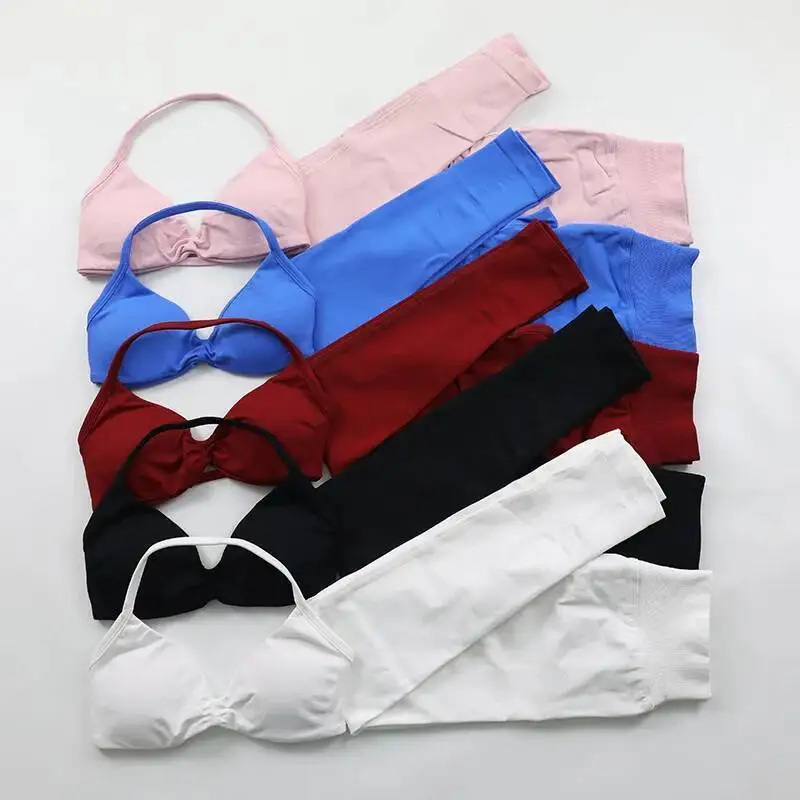 

Бесшовный комплект для йоги для женщин: леггинсы с эффектом пуш-ап и спортивный бюстгальтер с завязками на шее, 2 предмета, одежда для тренировок, женский спортивный костюм