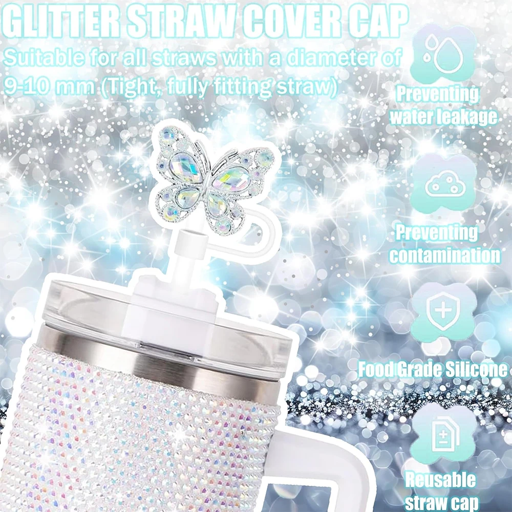 6pcs Shiny Straw Toppers, Colorful Diamond Butterfly Straw Covers Cap for Stanley Tumbler Cups 30&40oz Tumbler with Handle - view 2