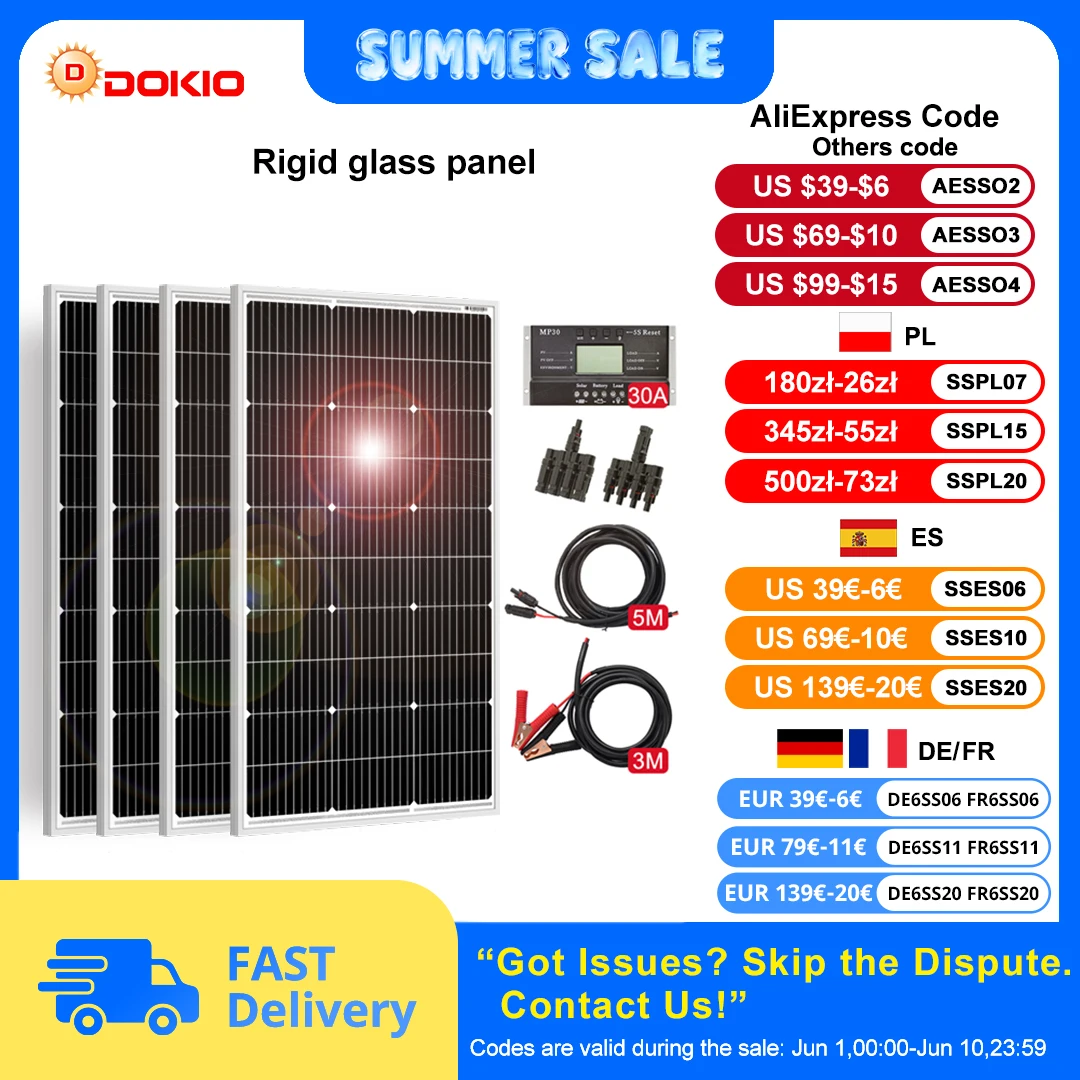 Kit de panneaux solaires rigides étanches Dokio 18V 100W 200W 400W avec contrôleur pour la charge domestique et la batterie de voiture 12V monocristalline, Chine