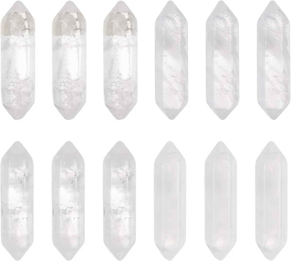 12pcs Natural Quartz White Quartz Point Hexagonal Double Terminated Points Wands No Hole Quartz Pendants kits