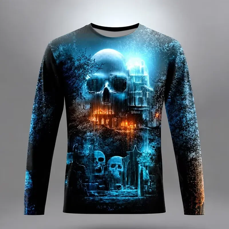 3D Long Sleeve Men Halloween T Shirt 2026 Black Cat Haunted House Skull Moon Print Crew Neck Gothic Horror Party Tops Casual