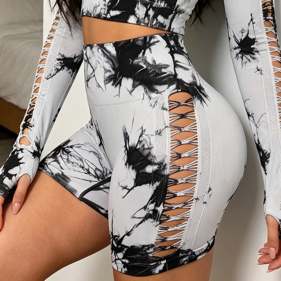 Women's Tie Dye Seamless Yoga Shorts Sexy Cutout Butt Lifting Gym Workout Shorts High Waist Biker  Fitness Shorts Sportwear