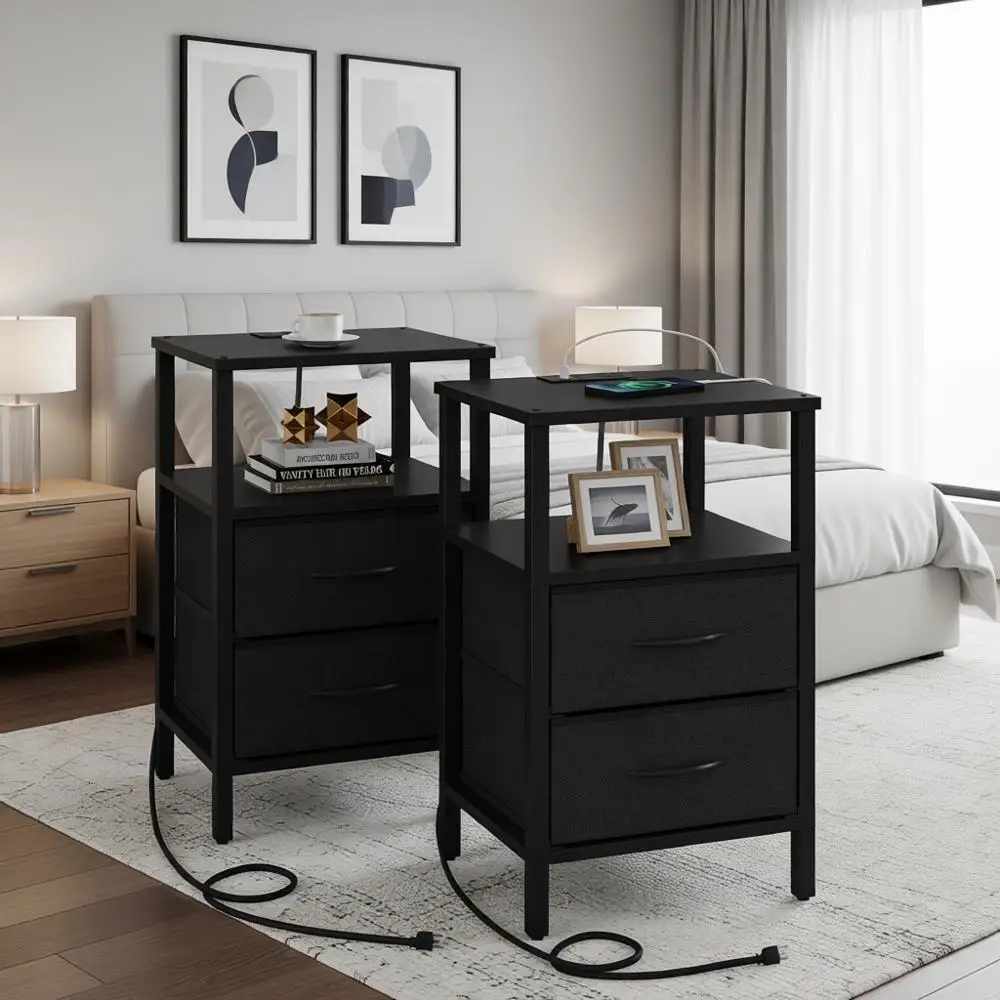 

Black Charging Station End Table with Dual USB Ports and Outlet, Nightstand Set, Couch Side Table