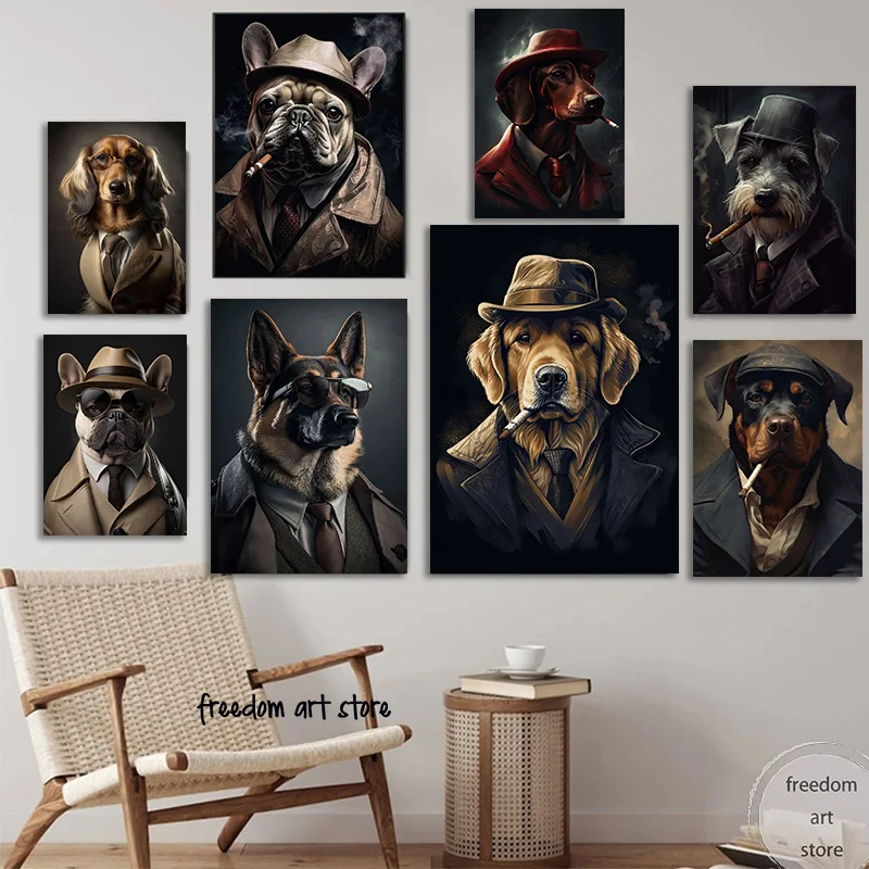 Retrato de perro estilo gángster ahumado, Póster Artístico de Golden Retriever, Bulldog Pastor, pintura en lienzo, Impresión de pared, imagen, decoración del hogar