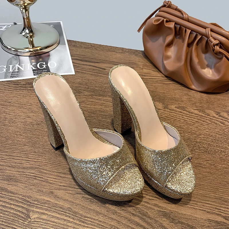 الفاخرة الترتر شبشب صيفي الإناث عالية الكعب منصة الشرائح النساء موضة الذهب والفضة البغال أحذية صندل السيدات حجم كبير #4